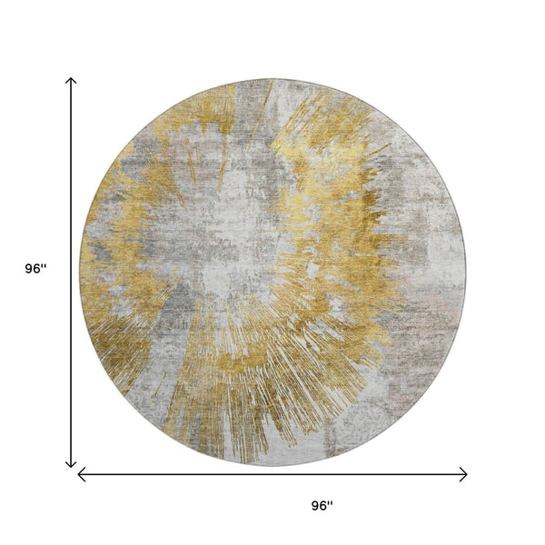 HomeRoots 8' Gold Ivory Gray Abstract Washable Round Rug - UV Protected, Durable, Ideal for High-Traffic Spaces 664693