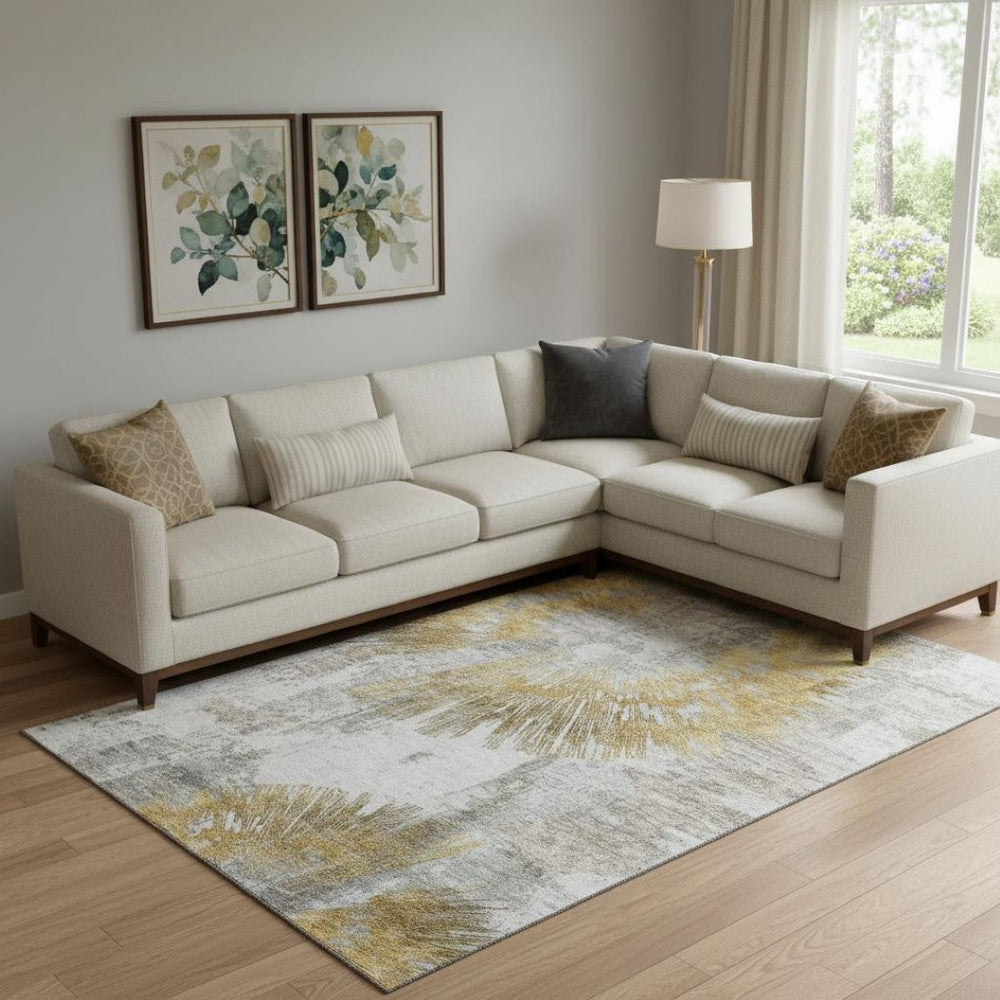 HomeRoots 9' X 12' Gold Ivory Gray Abstract Area Rug - Washable, UV-Protected, Durable for High-Traffic Spaces 664695