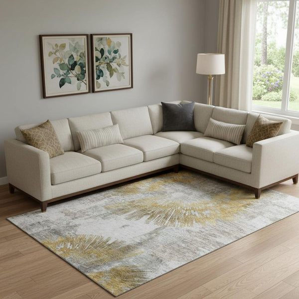 HomeRoots 9' X 12' Gold Ivory Gray Abstract Area Rug - Washable, UV-Protected, Durable for High-Traffic Spaces 664695