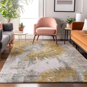 HomeRoots 9' X 12' Gold Ivory Gray Abstract Area Rug - Washable, UV-Protected, Durable for High-Traffic Spaces 664695