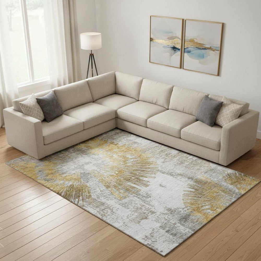 HomeRoots 10' X 14' Gold Ivory Gray Abstract Washable Area Rug - Stylish, Durable, UV-Protected for Homes 664696