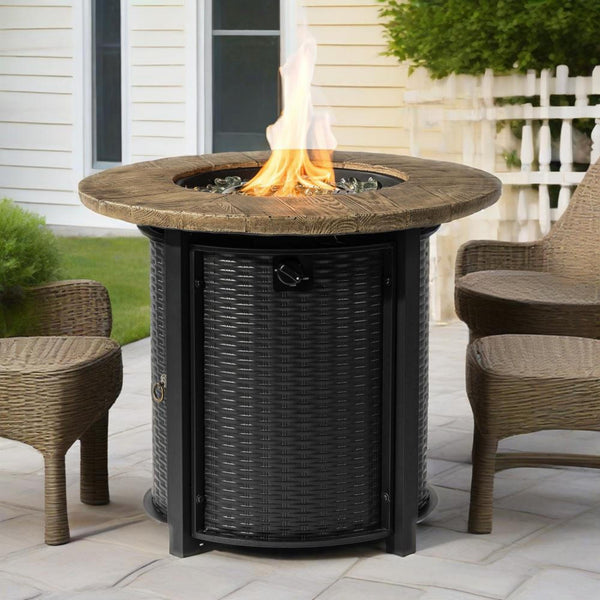 English Elm 30" 50000BTU Propane Fire Pit Table with Faux Wood Grain Top, Stainless Burner, Glass Rocks, Black W853P194144
