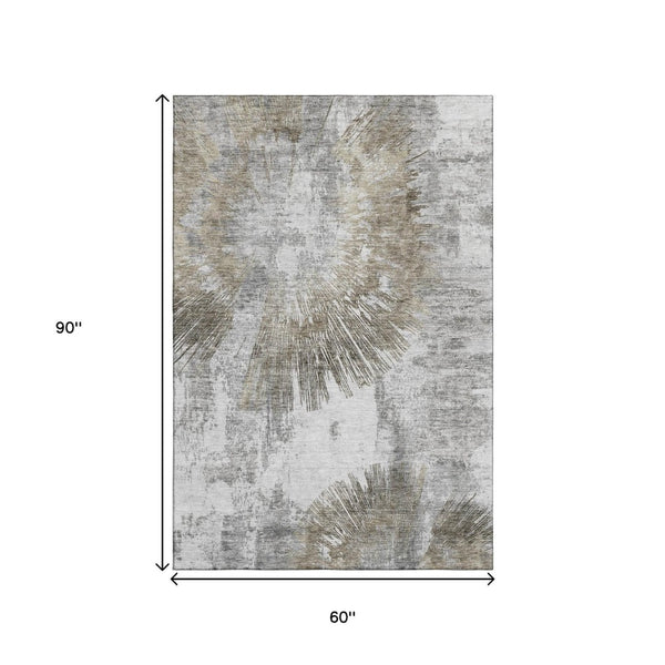 HomeRoots 5' X 8' Washable Taupe, Ivory & Gray Abstract Area Rug - UV Protected, Durable & Stylish Decor Option 664704