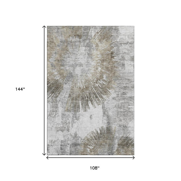 HomeRoots 9' X 12' Taupe Ivory Gray Abstract Washable Area Rug - UV Protected for Busy Homes & Pets 664707