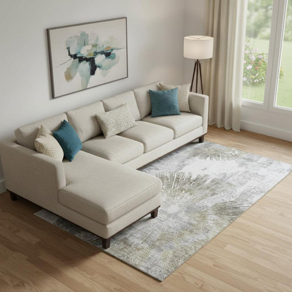 HomeRoots 9' X 12' Taupe Ivory Gray Abstract Washable Area Rug - UV Protected for Busy Homes & Pets 664707