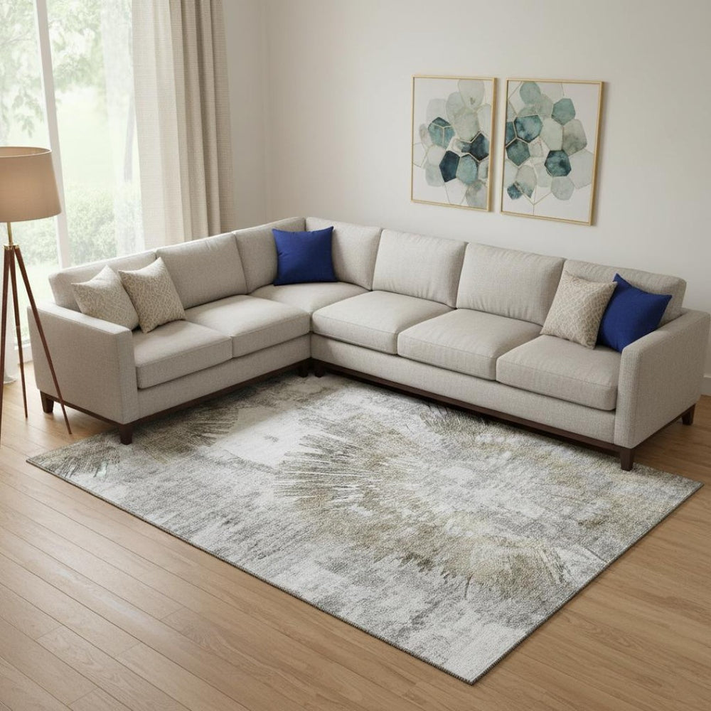 HomeRoots 10' X 14' Abstract Washable Area Rug in Taupe, Ivory & Gray – Durable, UV-Protected & Stylish Decor Solution 664708