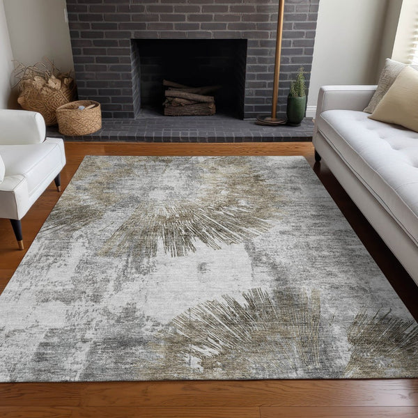 HomeRoots 10' X 14' Abstract Washable Area Rug in Taupe, Ivory & Gray – Durable, UV-Protected & Stylish Decor Solution 664708