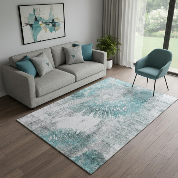 HomeRoots 5' X 8' Teal, Ivory & Gray Abstract Area Rug - Washable, UV-Protected, Stain-Resistant, Modern Design 664710
