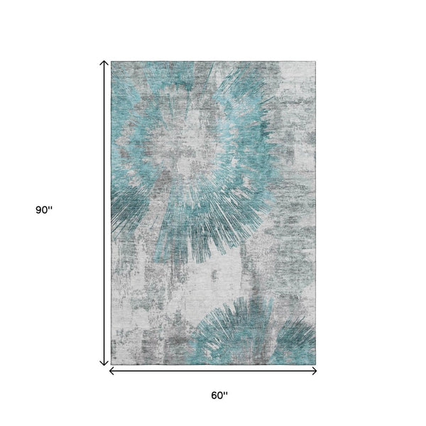 HomeRoots 5' X 8' Teal, Ivory & Gray Abstract Area Rug - Washable, UV-Protected, Stain-Resistant, Modern Design 664710