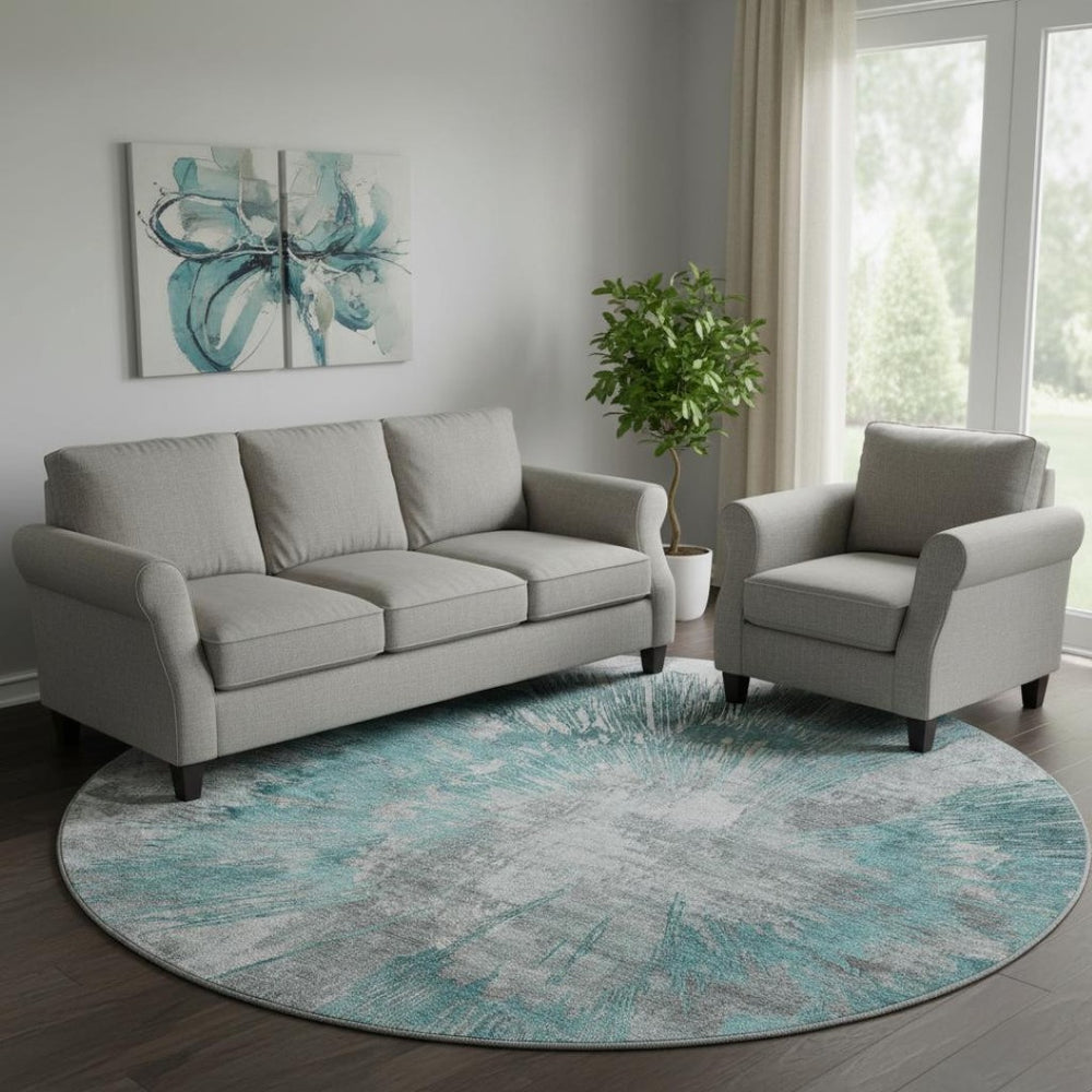 HomeRoots 8' Teal Ivory and Gray Abstract Washable Round Rug - UV Protected, Stain-Resistant, Modern Home Accent 664711