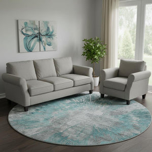 HomeRoots 8' Teal Ivory and Gray Abstract Washable Round Rug - UV Protected, Stain-Resistant, Modern Home Accent 664711