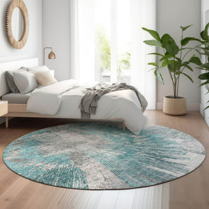 HomeRoots 8' Teal Ivory and Gray Abstract Washable Round Rug - UV Protected, Stain-Resistant, Modern Home Accent 664711