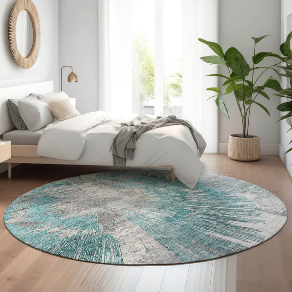 HomeRoots 8' Teal Ivory and Gray Abstract Washable Round Rug - UV Protected, Stain-Resistant, Modern Home Accent 664711