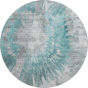 HomeRoots 8' Teal Ivory and Gray Abstract Washable Round Rug - UV Protected, Stain-Resistant, Modern Home Accent 664711