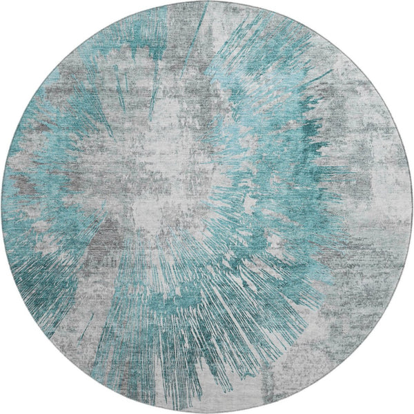 HomeRoots 8' Teal Ivory and Gray Abstract Washable Round Rug - UV Protected, Stain-Resistant, Modern Home Accent 664711
