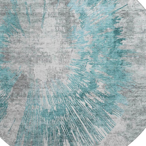 HomeRoots 8' Teal Ivory and Gray Abstract Washable Round Rug - UV Protected, Stain-Resistant, Modern Home Accent 664711
