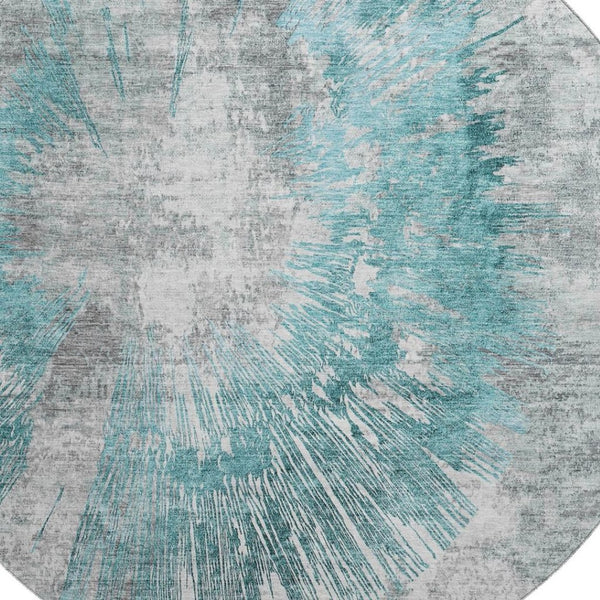HomeRoots 8' Teal Ivory and Gray Abstract Washable Round Rug - UV Protected, Stain-Resistant, Modern Home Accent 664711