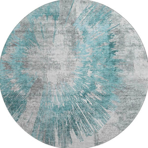 HomeRoots 8' Teal Ivory and Gray Abstract Washable Round Rug - UV Protected, Stain-Resistant, Modern Home Accent 664711