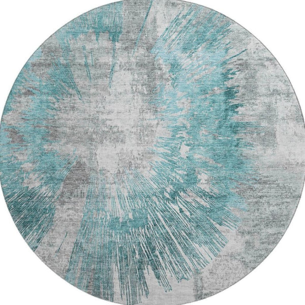 HomeRoots 8' Teal Ivory and Gray Abstract Washable Round Rug - UV Protected, Stain-Resistant, Modern Home Accent 664711