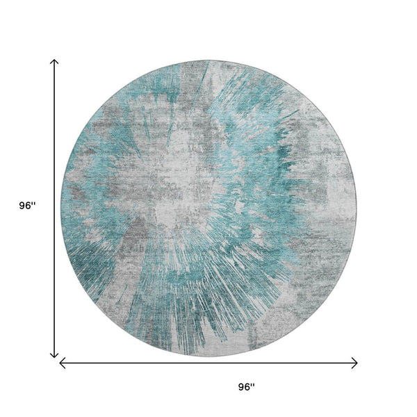 HomeRoots 8' Teal Ivory and Gray Abstract Washable Round Rug - UV Protected, Stain-Resistant, Modern Home Accent 664711