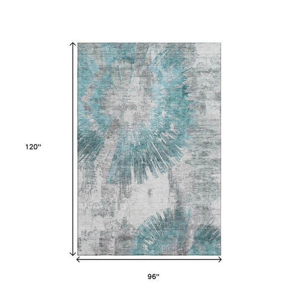 HomeRoots 8' X 10' Stylish Teal Ivory Gray Abstract Washable Area Rug – Stain Resistant & UV Protected Design 664712