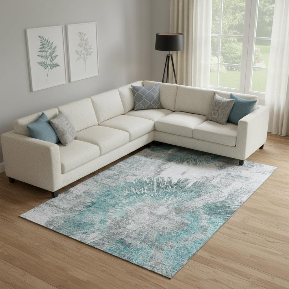 HomeRoots 8' X 10' Stylish Teal Ivory Gray Abstract Washable Area Rug – Stain Resistant & UV Protected Design 664712