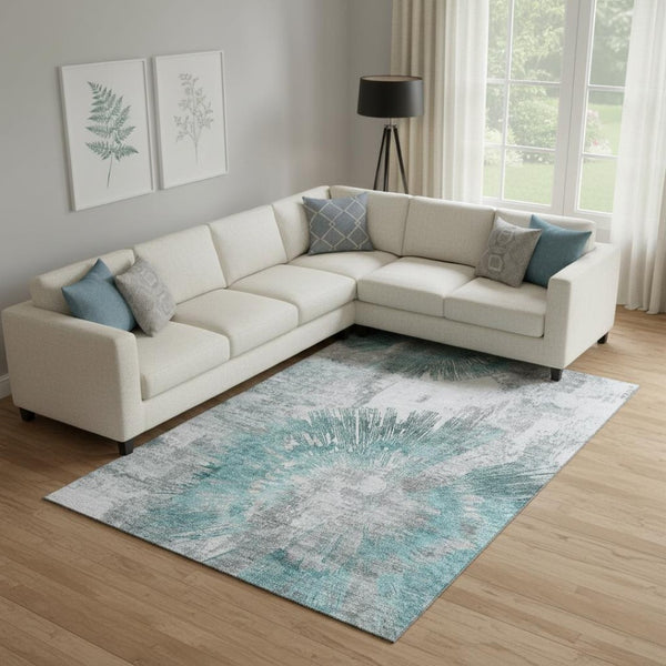 HomeRoots 8' X 10' Stylish Teal Ivory Gray Abstract Washable Area Rug – Stain Resistant & UV Protected Design 664712