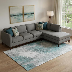 HomeRoots 9' X 12' Teal Ivory Gray Abstract Washable Area Rug - Stylish, Durable, UV-Protected for High-Traffic Spaces 664713