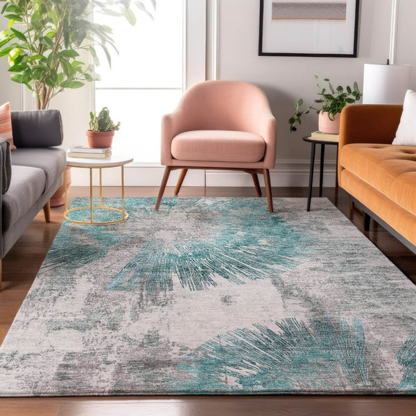 HomeRoots 10' X 14' Teal Ivory Gray Abstract Washable Area Rug - Stylish, Durable, UV-Protected for Homes 664714