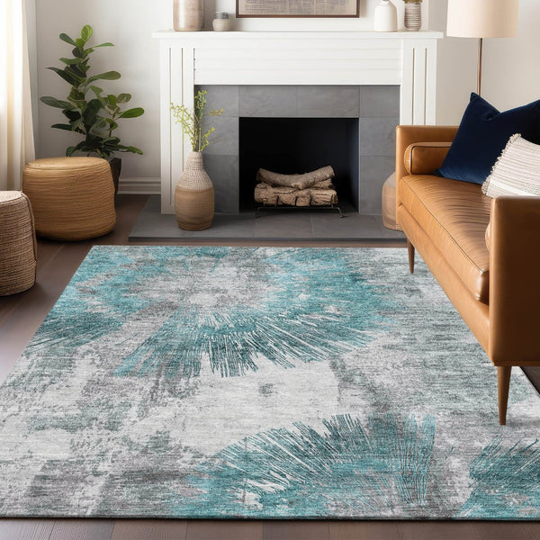 HomeRoots 10' X 14' Teal Ivory Gray Abstract Washable Area Rug - Stylish, Durable, UV-Protected for Homes 664714