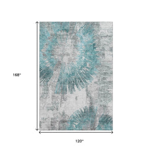 HomeRoots 10' X 14' Teal Ivory Gray Abstract Washable Area Rug - Stylish, Durable, UV-Protected for Homes 664714