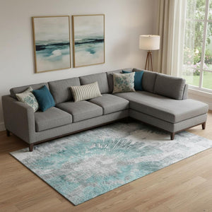 HomeRoots 10' X 14' Teal Ivory Gray Abstract Washable Area Rug - Stylish, Durable, UV-Protected for Homes 664714
