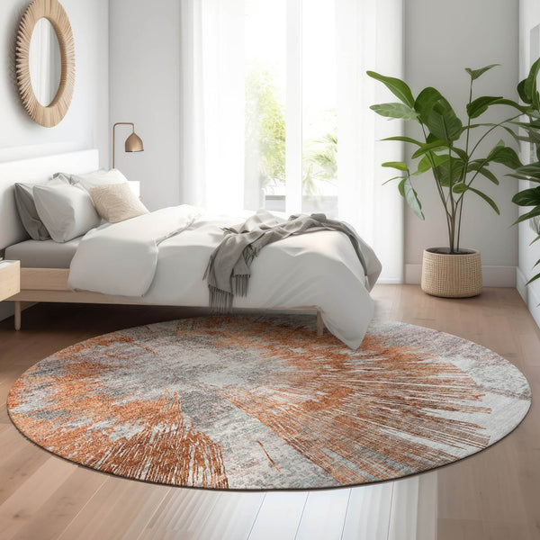 HomeRoots 8' Terra Cotta Abstract Washable Round Rug - Stylish, Durable, UV-Protected for Modern Living Spaces 664717