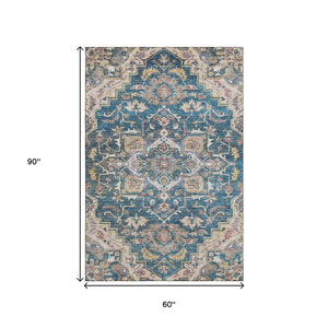 HomeRoots 5' X 8' Washable Floral Medallion Area Rug in Blue, Gold, Rust - UV Protected & Stain Resistant! 664722