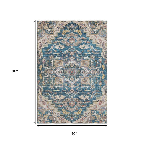 HomeRoots 5' X 8' Washable Floral Medallion Area Rug in Blue, Gold, Rust - UV Protected & Stain Resistant! 664722