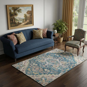 HomeRoots 5' X 8' Washable Floral Medallion Area Rug in Blue, Gold, Rust - UV Protected & Stain Resistant! 664722