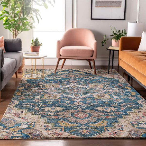 HomeRoots 5' X 8' Washable Floral Medallion Area Rug in Blue, Gold, Rust - UV Protected & Stain Resistant! 664722