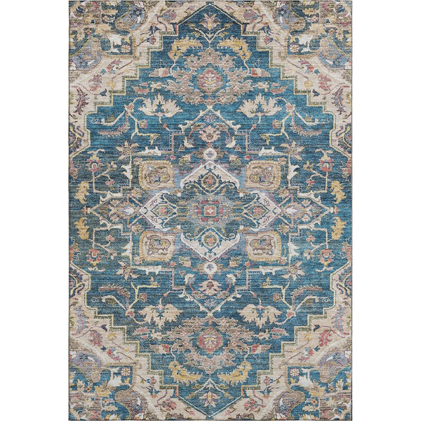 HomeRoots 5' X 8' Washable Floral Medallion Area Rug in Blue, Gold, Rust - UV Protected & Stain Resistant! 664722