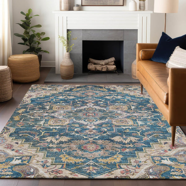HomeRoots 5' X 8' Washable Floral Medallion Area Rug in Blue, Gold, Rust - UV Protected & Stain Resistant! 664722