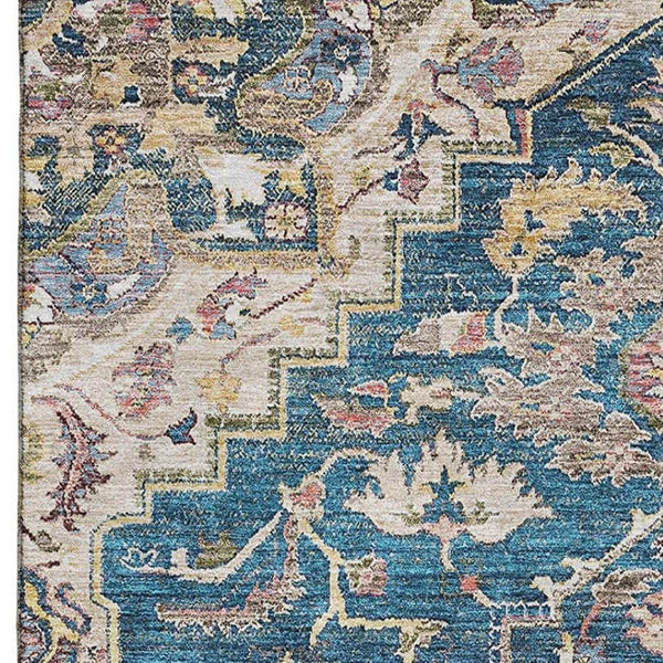 HomeRoots 5' X 8' Washable Floral Medallion Area Rug in Blue, Gold, Rust - UV Protected & Stain Resistant! 664722
