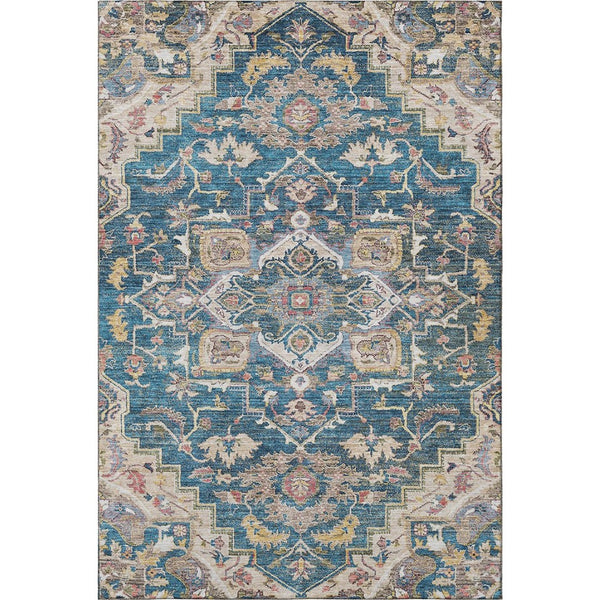 HomeRoots 5' X 8' Washable Floral Medallion Area Rug in Blue, Gold, Rust - UV Protected & Stain Resistant! 664722