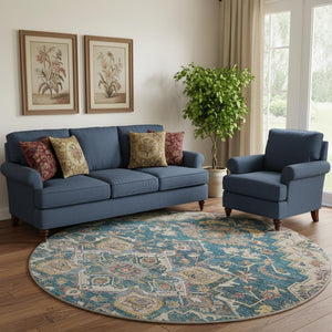 HomeRoots 8' Floral Medallion Round Rug in Blue, Gold & Rust – Washable, UV Protected, Ideal for High-Traffic Areas 664723