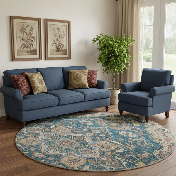 HomeRoots 8' Floral Medallion Round Rug in Blue, Gold & Rust – Washable, UV Protected, Ideal for High-Traffic Areas 664723