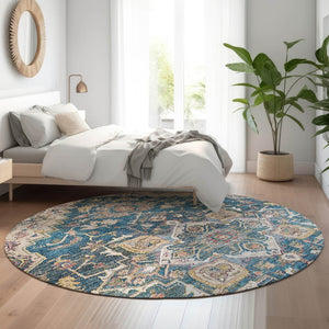 HomeRoots 8' Floral Medallion Round Rug in Blue, Gold & Rust – Washable, UV Protected, Ideal for High-Traffic Areas 664723