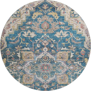 HomeRoots 8' Floral Medallion Round Rug in Blue, Gold & Rust – Washable, UV Protected, Ideal for High-Traffic Areas 664723