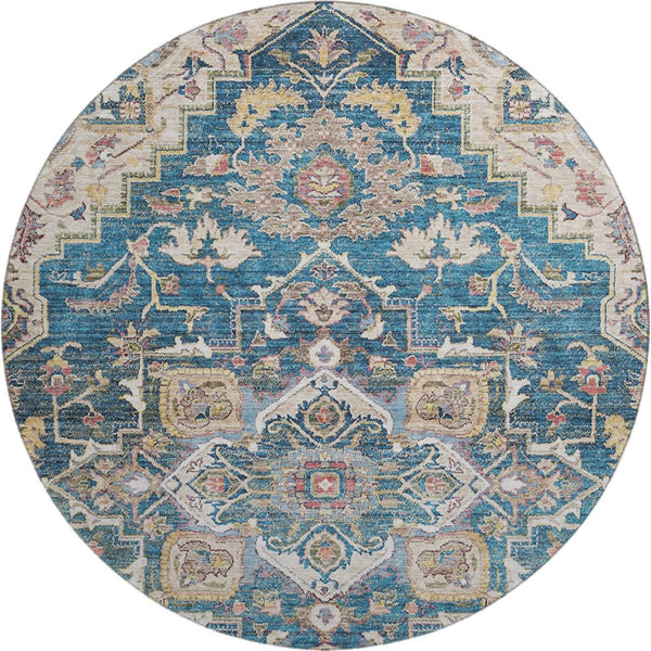 HomeRoots 8' Floral Medallion Round Rug in Blue, Gold & Rust – Washable, UV Protected, Ideal for High-Traffic Areas 664723