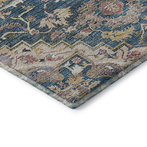 HomeRoots 8' Floral Medallion Round Rug in Blue, Gold & Rust – Washable, UV Protected, Ideal for High-Traffic Areas 664723