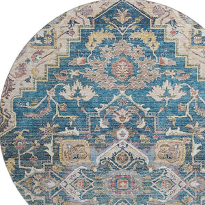 HomeRoots 8' Floral Medallion Round Rug in Blue, Gold & Rust – Washable, UV Protected, Ideal for High-Traffic Areas 664723