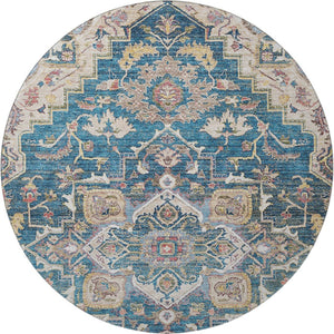 HomeRoots 8' Floral Medallion Round Rug in Blue, Gold & Rust – Washable, UV Protected, Ideal for High-Traffic Areas 664723