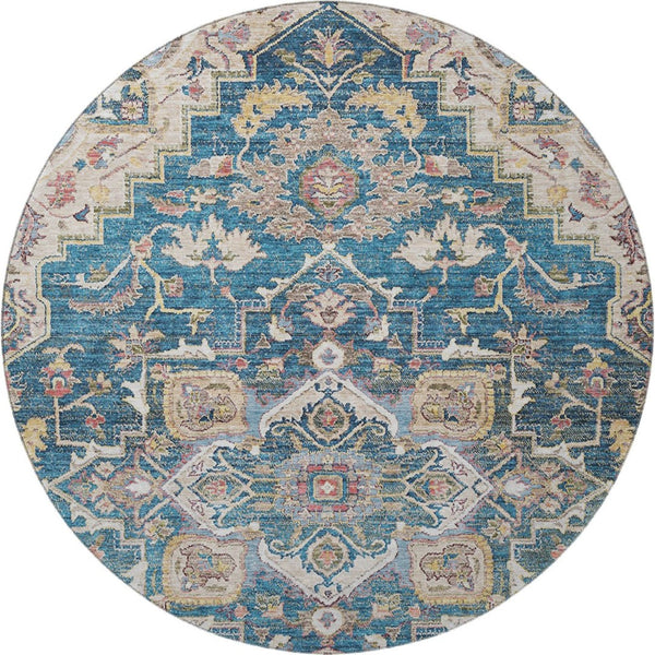HomeRoots 8' Floral Medallion Round Rug in Blue, Gold & Rust – Washable, UV Protected, Ideal for High-Traffic Areas 664723